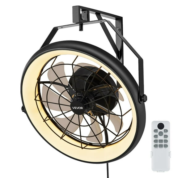 VEVOR Wall Mounted Fan with Lights, 22 inch Wall Mount Fan with Remote, 6 Speeds Plug in Wall Fan, Reversible, Dimmable 3-color Lighting, Timer, 360°Adjustable Tilt for Workshop, Patio, Home