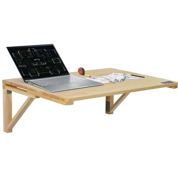 VEVOR Wall Mounted Folding Table, 31.5" x 23.62" Wall Mount Drop Leaf Table, Wooden Floating Desk with Iron Bracket, Fold Down Desk for Small Spaces, Home Office, Dining, Laundry Room, Kitchen, Bar