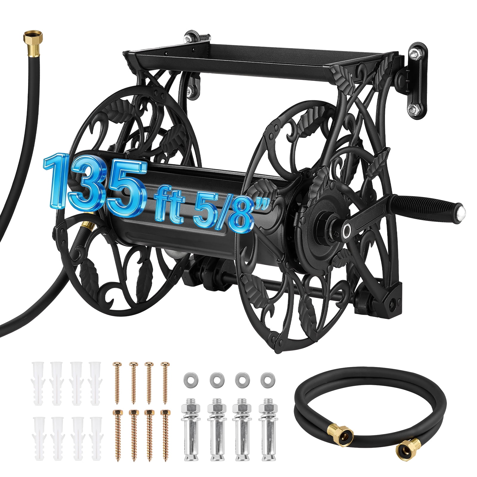 VEVOR Wall Mounted Garden Hose Reel, Holds 135 Feet of 5/8-inch Hose, Outdoor Heavy-Duty Waterhose Holder Winder, with Widened Top Tray, Aluminum Alloy Connector, Decorative Pattern, for Backyards