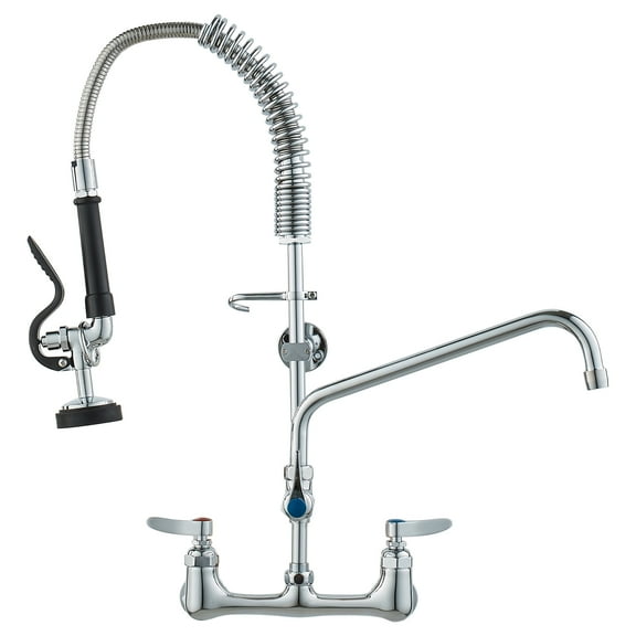 VEVOR Wall-Mounted Kitchen Faucet, 25" Tall, 8" Center Distance, 12" Rotatable Spout, Includes Pre-Rinse Spray, Brass Build, Pull-Down Feature, Suitable for Multi-Compartment Sinks