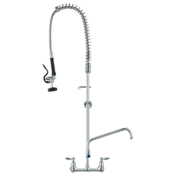 VEVOR Wall-Mounted Kitchen Faucet, 47" Tall, 8" Apart, with 12" Rotating Spout and Pre-Rinse Spray, Brass Build, Pull-Down Feature for Multi-Compartment Sinks
