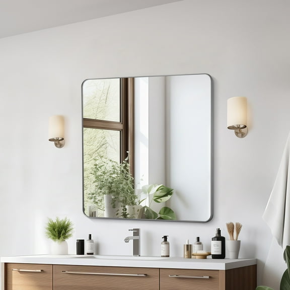 VEVOR Wall Mounted Makeup Mirror, 0.15" Thick, 36" x 36" Mirror with Aluminium Alloy Frame & Explosion-Proof Film, Scratch-Resistant Mirror with Z-Shaped Bracket, Fit for Bathroom/Bedroom/Living Room