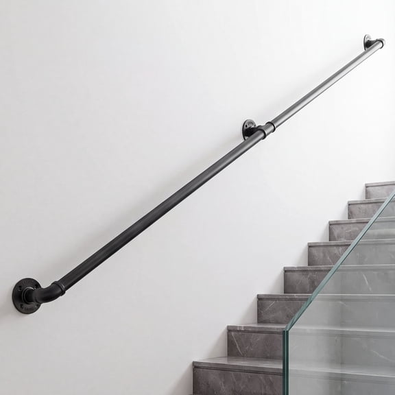 VEVOR Wall-Mounted Stair Handrail, 6 ft 440 lbs Load Black Metal Railing, for Indoor Steps, Loft, Porch & Hallways, Heavy-Duty Industrial Carbon Steel Hand Rail, Round Tube, with Mounting Hardware