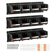 VEVOR Wall Mounted Storage Bins, 12 Plastic Bins & 3 Metal Rails, Plastic Hanging Stackable Storage Bin for Screws, Nuts, Bolts, Nails, Hardware Tool Organizer for Workshop, Craft Room, Garage,Black
