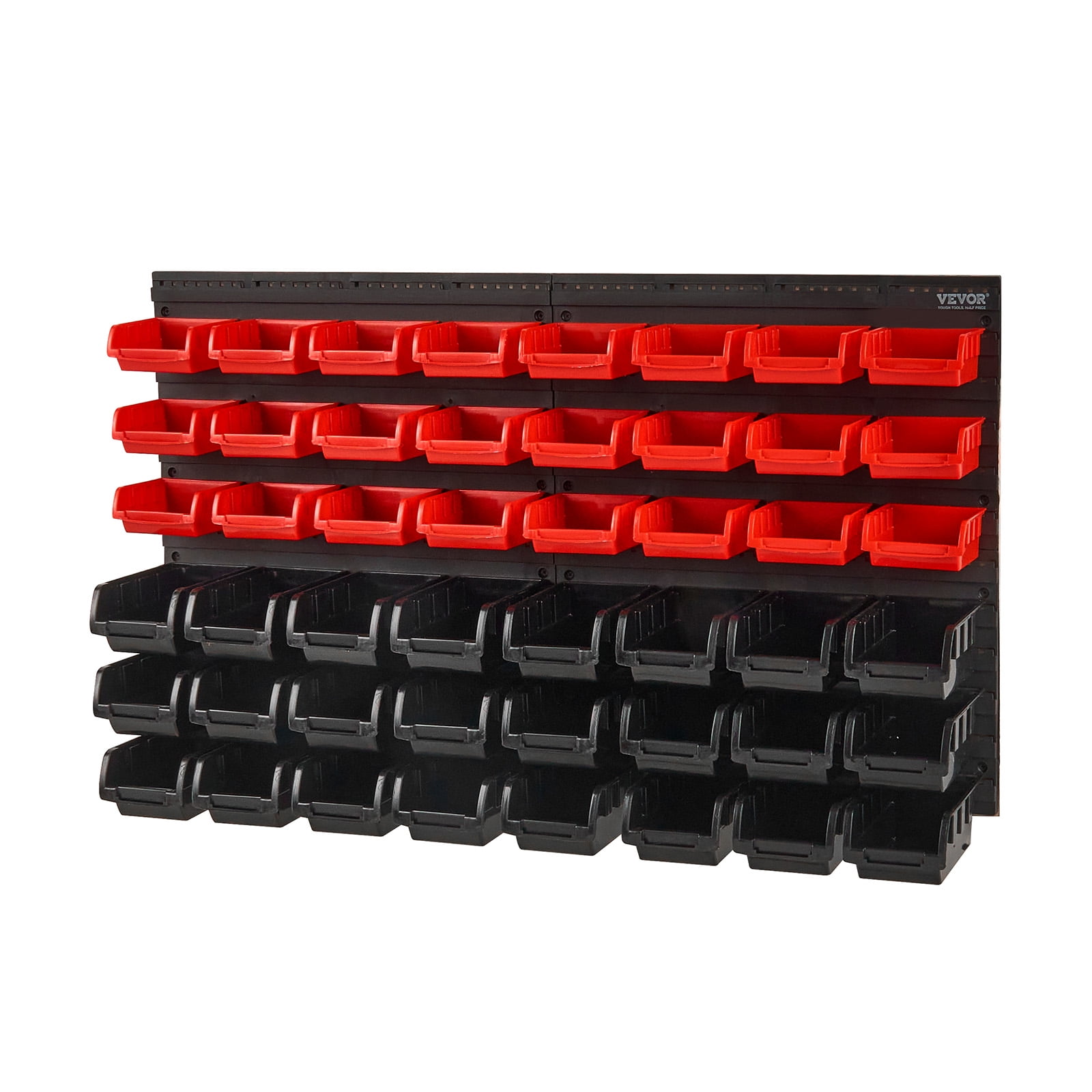 VEVOR Wall Mounted Storage Bins, 48-Bin Parts Rack Organizer Garage Plastic Shop Tool with Wall Panels,Tool Organizer for Nuts, Bolts, Screws, Nails, Beads, Buttons,Other Small Parts,Black and Red