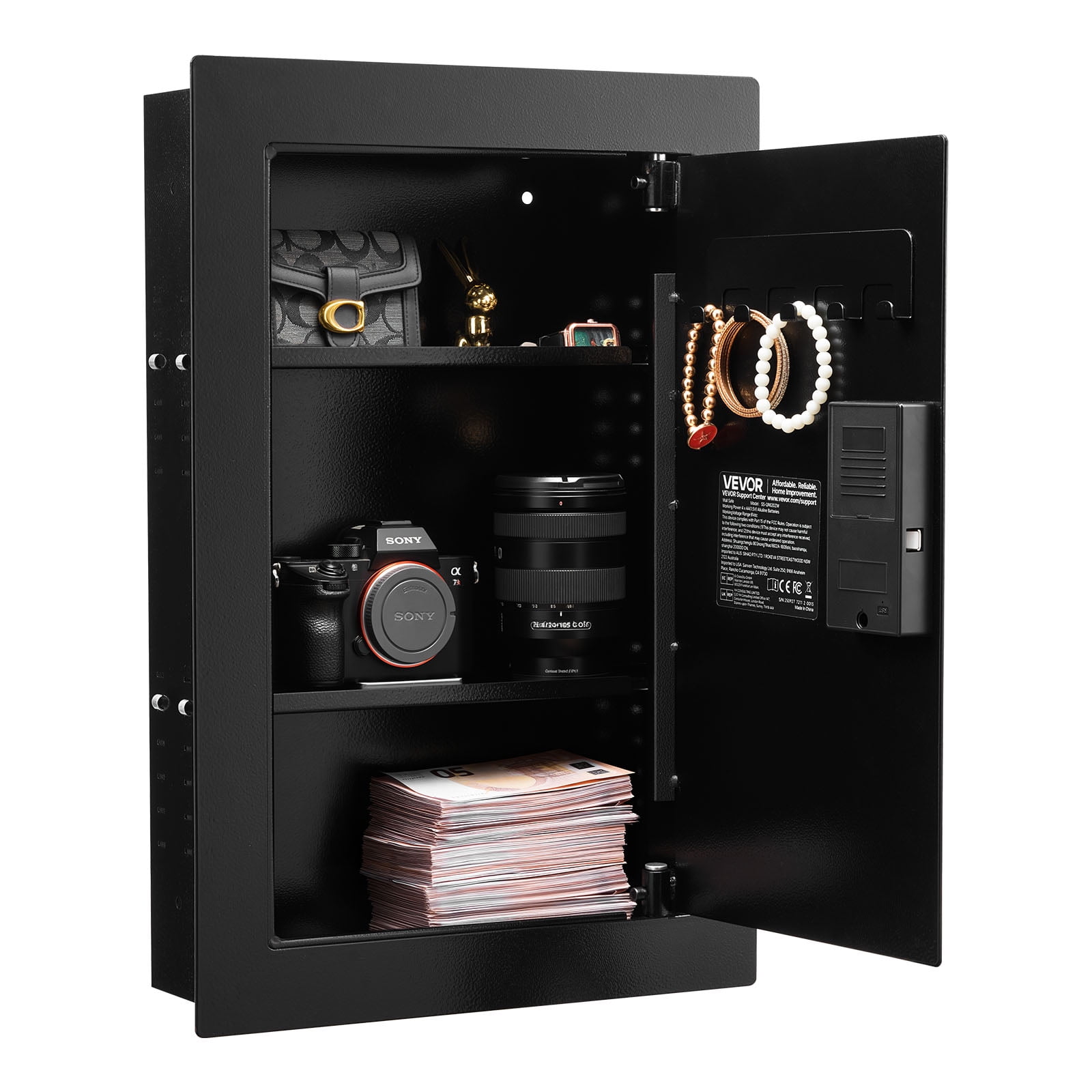VEVOR Wall Safe, 3-Tier Hidden Wall Safe with Fingerprint, Password, Key & Turning Knob, Q235 Cold-Rolled Steel In-Wall Box with Adjustable Shelves & Key Holders for Money, Jewelry, Passport