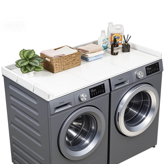 VEVOR Washer Dryer Countertop, 54 x 27.5 in Wooden Washer and Dryer Topper with Edge & 2 Hooks, Water-Resistant Laundry Machine Topper for Laundry Closet Pantry Counter Organization and Storage,White
