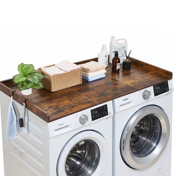 VEVOR Washer Dryer Countertop, 54 x 27.5 in Wooden Washer and Dryer Topper with Edge & 2 Hooks, Water-Resistant Laundry Machine Topper for Laundry Closet Pantry Counter Organization and Storage,Brown