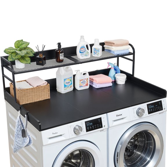 VEVOR Washer Dryer Countertop with Shelf, 54 x 27.5 in Wooden Washer and Dryer Topper with Edge and 2 Hooks, Laundry Machine Topper for Laundry Closet Pantry Counter Organization and Storage, Black