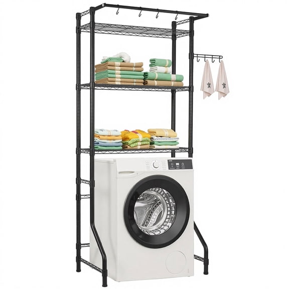 BENTISM Over Washer and Dryer Storage Shelf, 3 Tiers Laundry Room Drying Rack with Hanger Rod and Hooks, Single Row Adjustable Washer Shelves Space Saver, for Laundry Room Storage & Organization