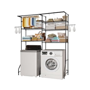 VEVOR Over Washer and Dryer Storage Shelves, 6 Tiers Laundry Room Drying Rack with Hanger Rod and Hooks, Two Rows Adjustable Washer Shelves Space Saver, for Laundry Room Storage & Organization, Black