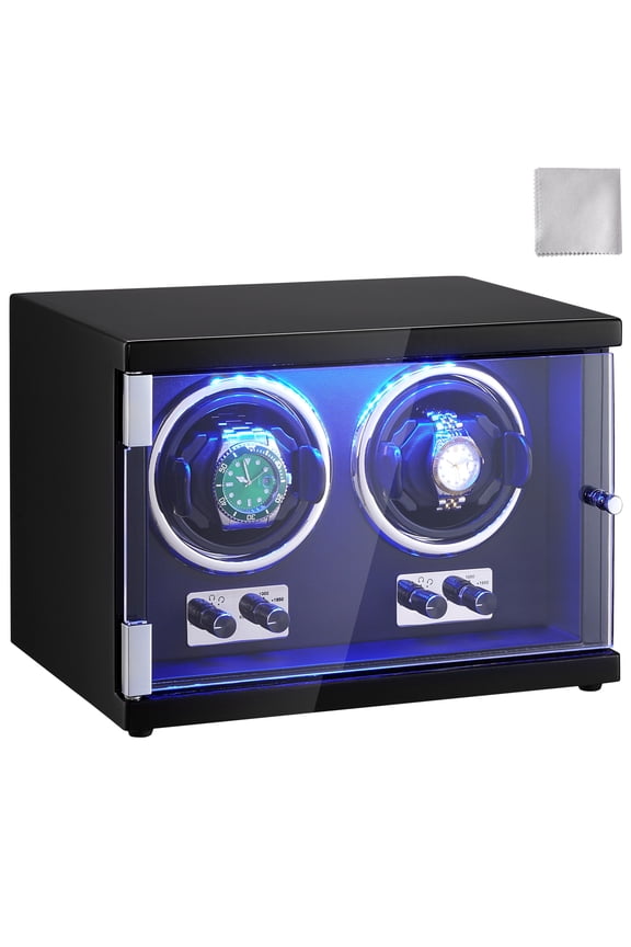Watch Winder, Dual Watch Winder for Men's and Women's Automatic Watch, with 2 Super Quiet Japanese Mabuchi Motors, Blue LED Light and Adapter, High-Density Board Shell and Black PU