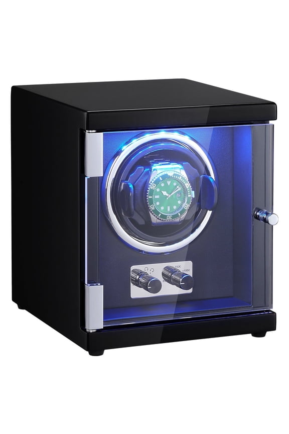 VEVOR Watch Winder, Single Watch Winder for Men's and Women's Automatic Watch, with Super Quiet Japanese Mabuchi Motor, Blue LED Light and Adapter, High-Density Board Shell and Black PU