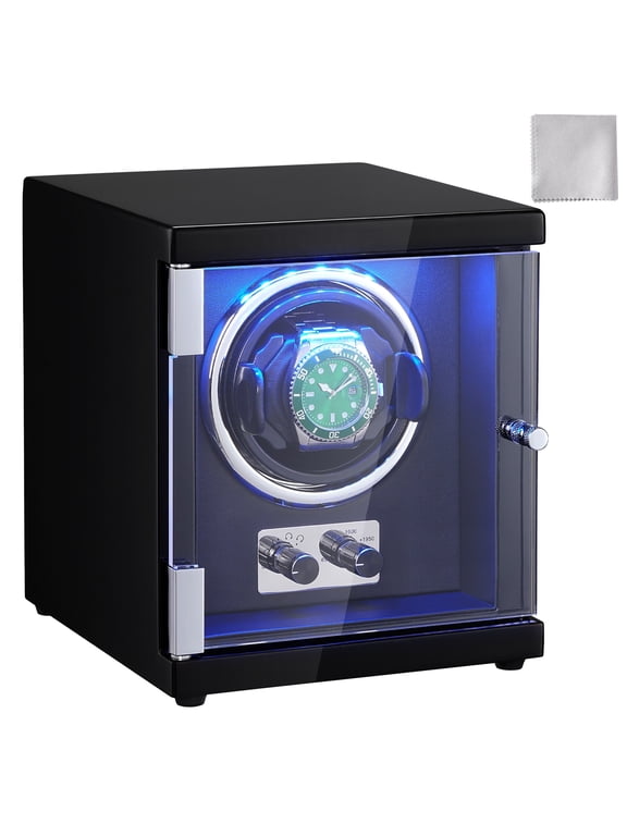 Watch Winder, Single Watch Winder for Men's and Women's Automatic Watch, with Super Quiet Japanese Mabuchi Motor, Blue LED Light and Adapter, High-Density Board Shell and Black PU