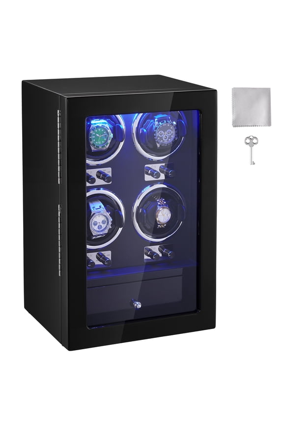 Watch Winder, Watch Winder for 4 Men's and Women's Automatic Watches, with 4 Super Quiet Japanese Mabuchi Motors, Blue LED Light and Adapter, High-Density Board Shell and Black PU