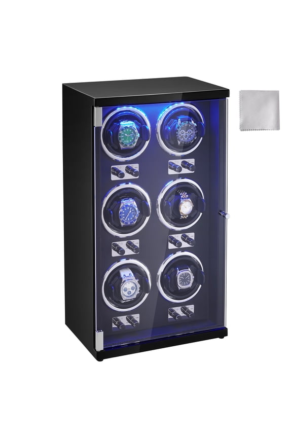 Watch Winder, Watch Winder for 6 Men's and Women's Automatic Watches, with 6 Super Quiet Japanese Mabuchi Motors, Blue LED Light and Adapter, High-Density Board Shell and Black PU