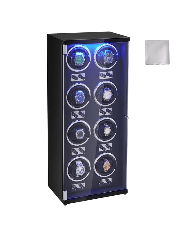 Watch Winder, Watch Winder for 8 Men's and Women's Automatic Watches, with 8 Super Quiet Japanese Mabuchi Motors, Blue LED Light and Adapter, High-Density Board Shell and Black PU