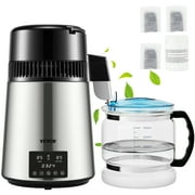 VEVOR Water Distiller, 1 L/H, 4L Distilled Water Maker with 0-99 H Timing, 750W Countertop Water Purifier with Dual Temp Display, Glass Carafe Cleaning Powder 3 Carbon Packs Equipped, Silver