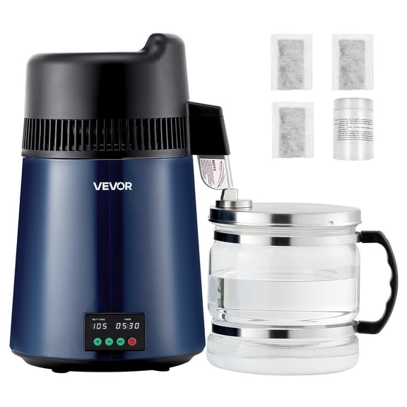 VEVOR Water Distiller, 6L 1.6 Gallon Larger Pure Water Purifier Filter For Home Table Countertop, 900W Glass Pot Distilled Maker, Stainless Steel Body Drinking Machine to Make Clean Waters,Blue-Black