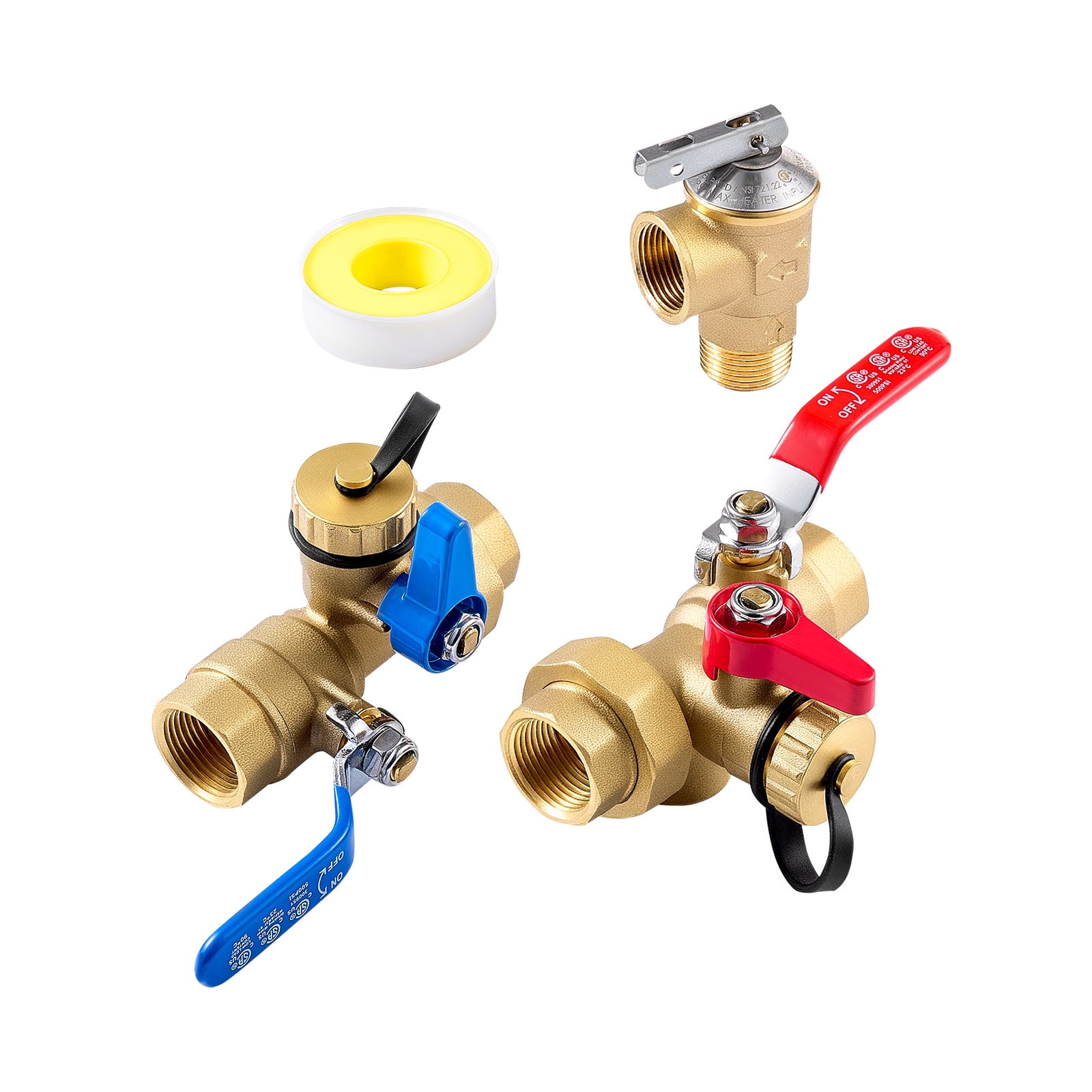 VEVOR Water Heater Kit, 3/4 Inch Tankless Water Heater Service Valve Kit with 2PCS 3/4″ NPT to 3/4″ NPT Isolation Valves, Pressure Relief Valve, Lead-Free Brass, Fits Most Tankless Waters Heaters