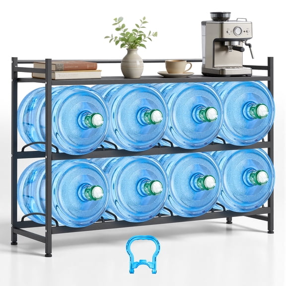 VEVOR Water Jug Holder, 3 Tiers 4 Rows 3 and 5 Gallon Water Bottle Holder for 8 Bottles, Heavy Duty Jug Rack Organizer with Storage Shelf, Angled Design, for Kitchen, Office, Living Room, Black