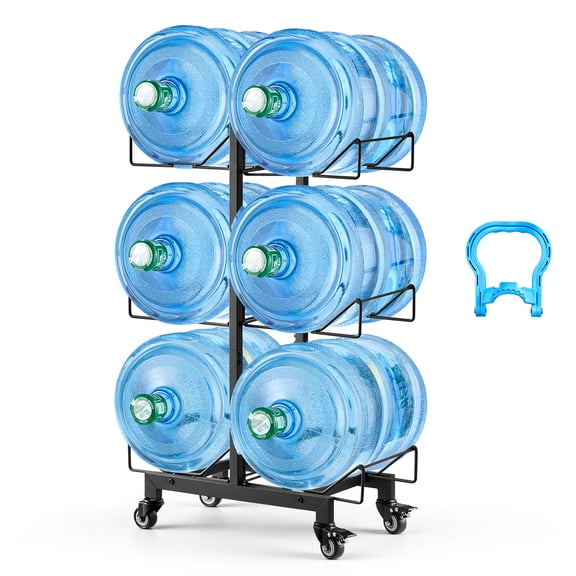 VEVOR Water Jug Holder, 3 Tiers Double Rows 3 and 5 Gallon Water Bottle Holder for 6 Bottles, Heavy Duty Jug Rack Organizer with Casters and Handles, Foldable for Kitchen, Office, Living Room, Black