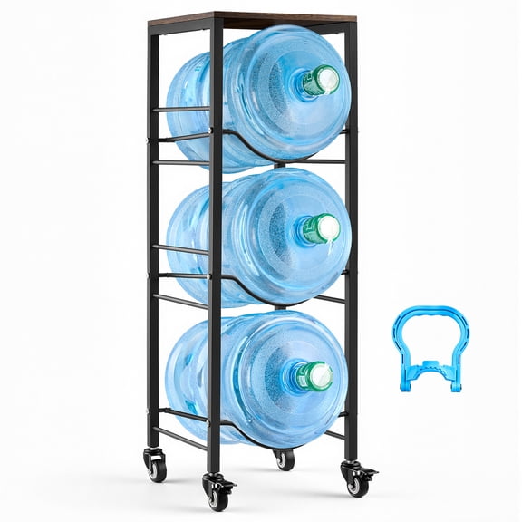 VEVOR Water Jug Holder, 4 Tiers 3 and 5 Gallon Water Bottle Holder for 3 Bottles, Heavy Duty Jug Rack Organizer with Storage Shelf and Casters, for Kitchen, Office, Living Room, Black and Brown
