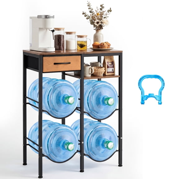 VEVOR Water Jug Holder, 4 Tiers Double Rows 3 and 5 Gallon Water Bottle Holder for 4 Bottles, Heavy Duty Jug Rack Organizer with Storage Shelf and Drawer, for Kitchen, Living Room, Black and Brown