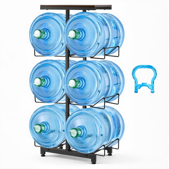 VEVOR Water Jug Holder, 4 Tiers Double Rows 3 and 5 Gallon Water Bottle Holder for 6 Bottles, Heavy Duty Jug Rack Organizer with Handles, Foldable for Kitchen, Office, Living Room, Black and Brown