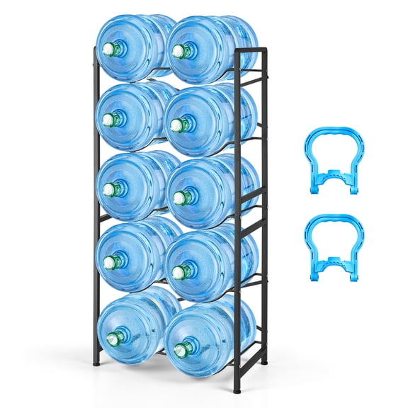VEVOR Water Jug Holder, 5 Tiers Double Rows 3 and 5 Gallon Water Bottle Holder for 10 Bottles, Heavy Duty Jug Rack Organizer with Handles, Easy Assembly, for Kitchen, Office, Living Room, Black