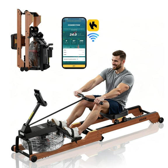 VEVOR Water Rowing Machine, 6-Level Quiet Resistance, Wooden Foldable Rower Machine with 14L Water Tank & LCD Monitor, Bluetooth App Compatible,350LBS Weight Capacity, Immersive Row Machines for Home
