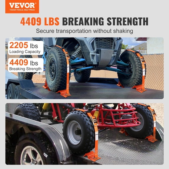 VEVOR Wheel Chock Tie Down Kit, 2" x 96" Tie Down Strap Kit, Heavy Duty Trailer Tie Down System for 10"-23" Wheels, ATV, UTV, Trailer, Mower, Wheel Chock Tie-Down Accessories, 4-Pack