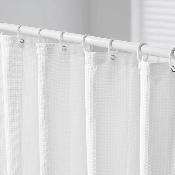 VEVOR White Fabric Shower Curtain, 240 GSM Weighted Waffle Shower Curtains, Polyester Curtain with Rust-Resistant Hooks, Machine Washable & Water Repellent, for Bathroom Showers, Bath Tubs, 72x72 in