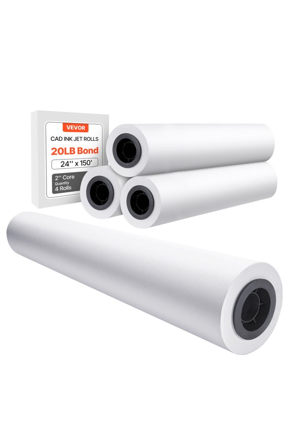 Wide Format Paper, 24 in x 150 ft Plotter Paper, 4 Rolls CAD Bond Rolls with 2 in Core, 20 LB Bond Paper Rolls, Idea for CAD Drawings, Engineering Plans, GIS Maps & Architectural Designs