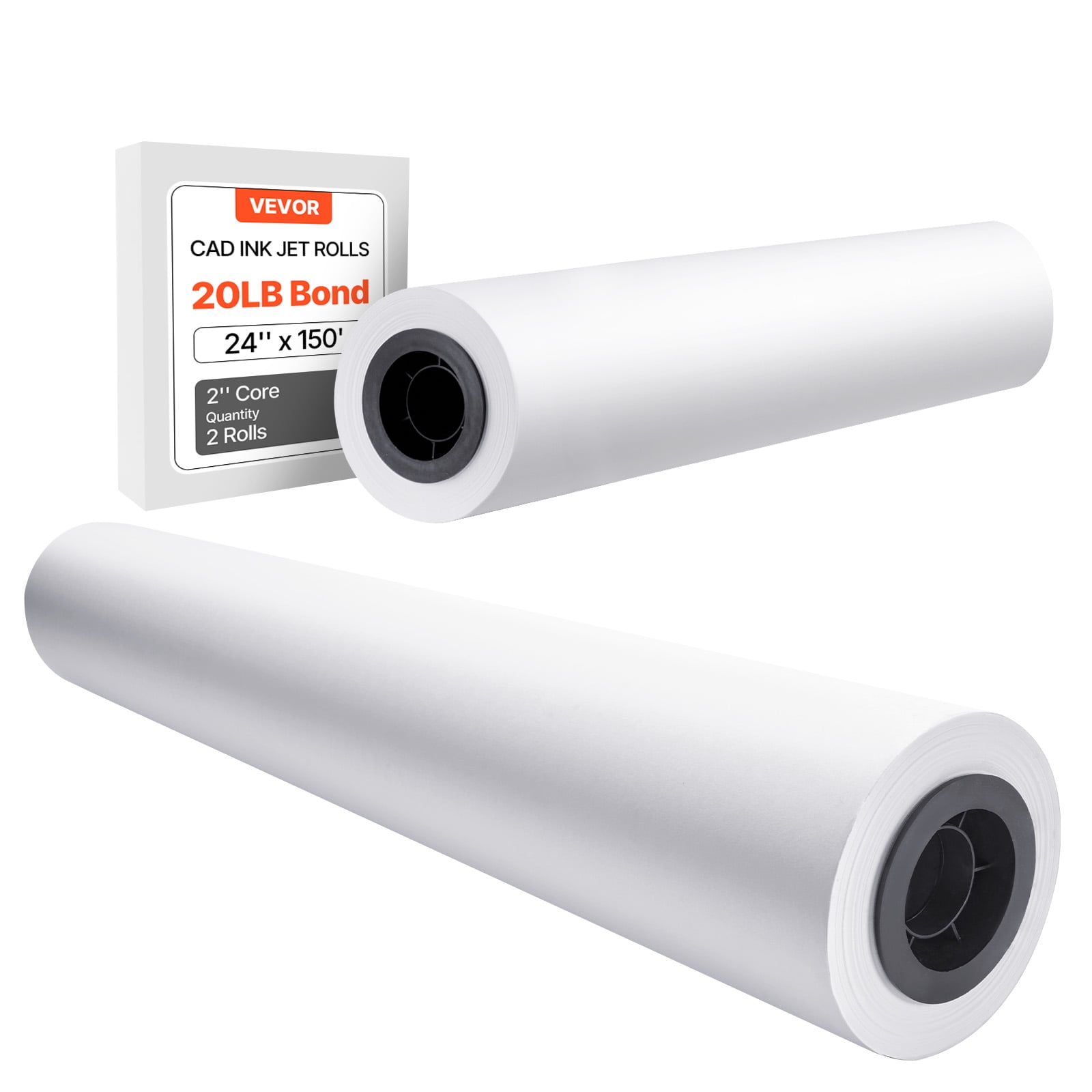 VEVOR Wide Format Paper, 24 in x 150 ft Plotter Roll, 2 Rolls CAD Bond Rolls with 2 in Core, 20 LB Bond Paper Rolls, Ideal for CAD Drawings, Engineering Plans, GIS Maps, and Architectural Designs