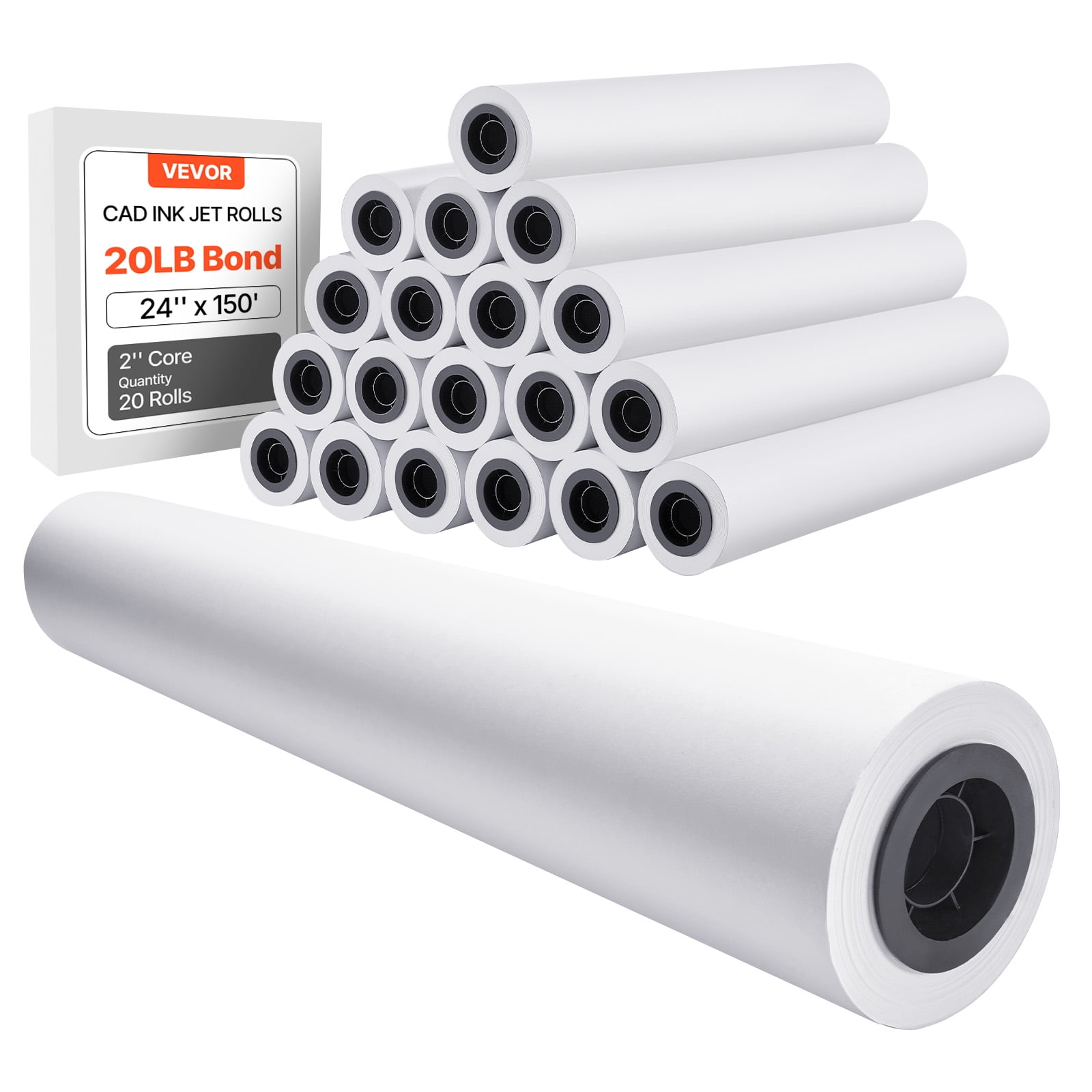 VEVOR Wide Format Paper, 24 in x 150 ft Plotter Roll, 20 Rolls CAD Bond ...