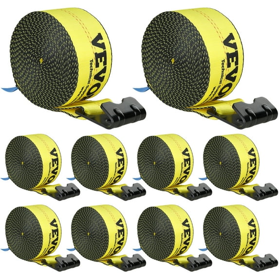 VEVOR Winch Straps, 4" x 30', 6000 lbs Load Capacity, 18000 lbs Break Strength, Truck Straps with Flat Hook, Flatbed Tie Downs Cargo Control for Trailers, Farms, Rescues, Tree Saver, Yellow (10 Pack)