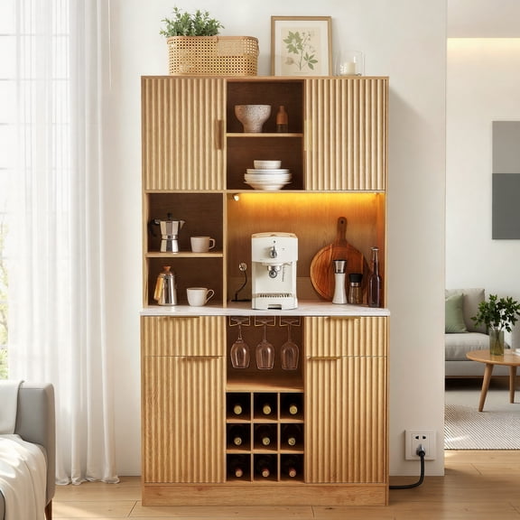 VEVOR Wine Cabinet, Coffee Bar Cabinet with 9 Wine Bottle Racks, Modern Buffet Sideboard with Glass Holder, LED Light, Charging Station, for Home Kitchen, Living Room,Dining Room, Natural Wood Finish