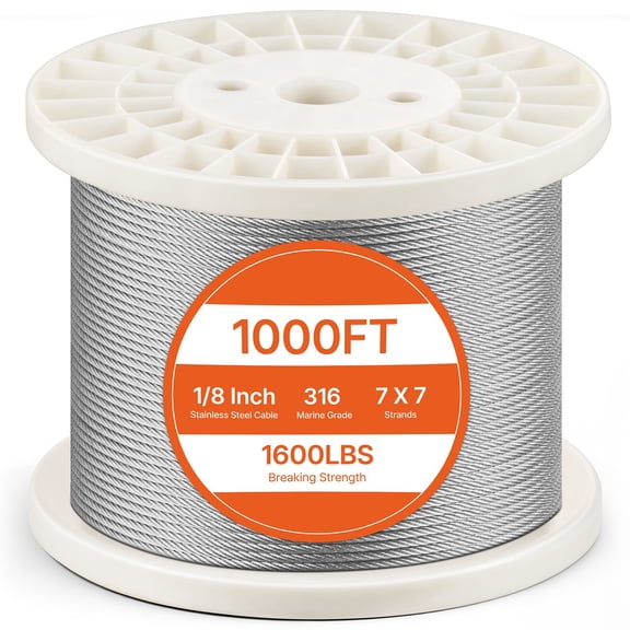 VEVOR Wire Rope Kit, 1/8" 1000 ft 316 Stainless Steel Cable with Cutter and Gloves, 1600 lbs Breaking Strength, 7x7 Strands Construction Marine Aircraft Grade for Handrail Stair Decking Fence Outdoor