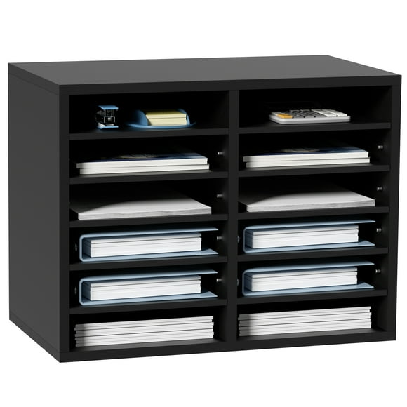 VEVOR Wood Literature Organizer, 12 Compartments, File Sorter with Removable Shelves, Mailboxes Slot for Office Home Classroom Mailrooms Organization, EPA Certified, Black