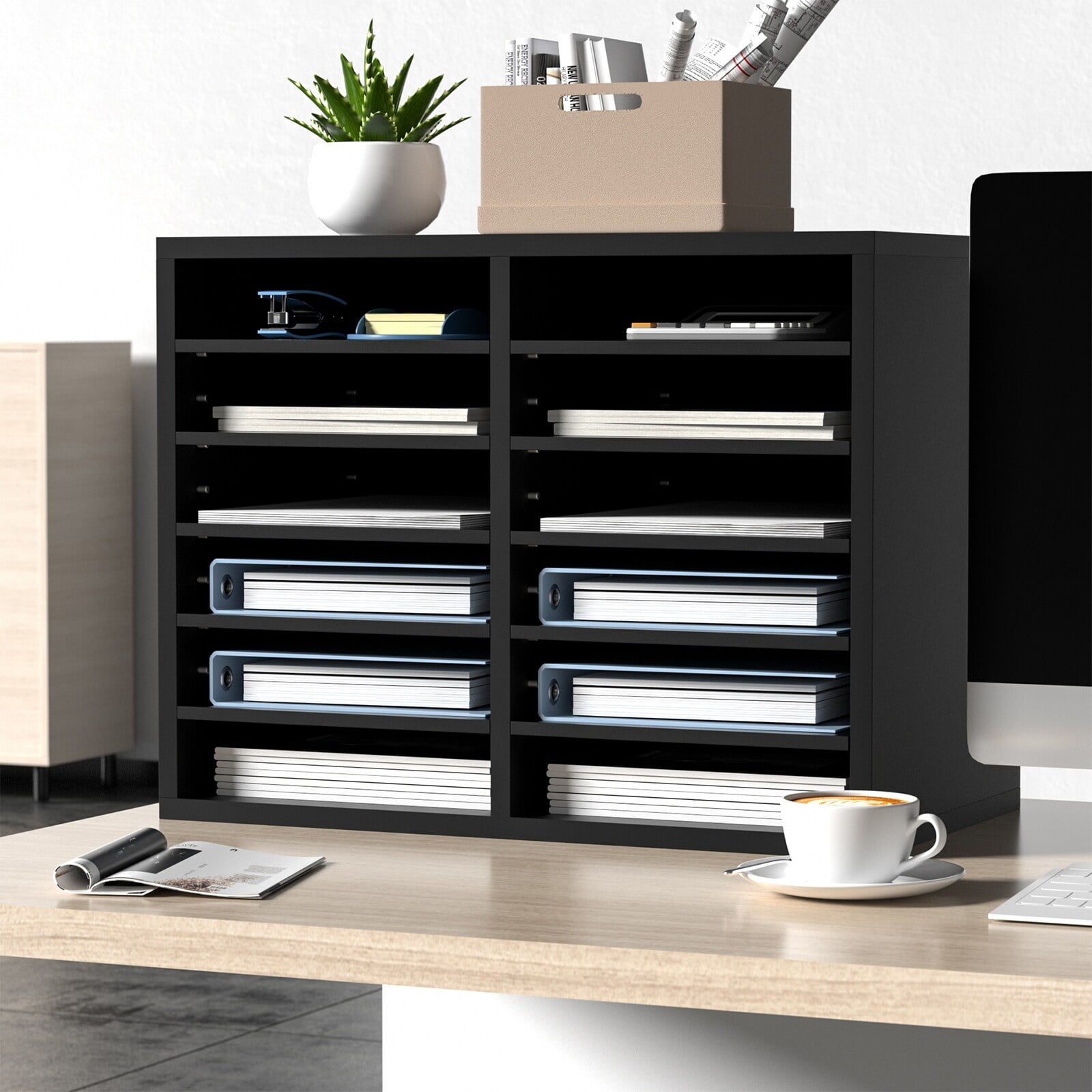 Adjsutable File Rac VEVOR Wood Literature Organizer Adjustable File Sorter 12 Compartments ...