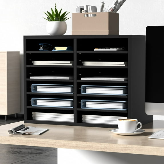 VEVOR Wood Literature Organizer Adjustable File Sorter 12 Compartments - 12 Compartments Black