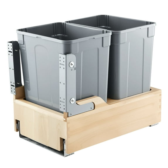 VEVOR Wood Pullout Trash Can for Kitchen Cabinets, 35 QT x2 Double Under Sink Garbage Waste Recycling Bin, Under Mount Waste Container, with Heavy Duty Metal Soft Close Sliding System and Door Kit