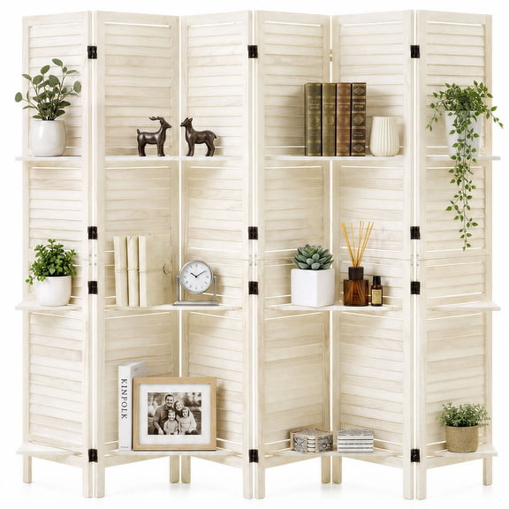 VEVOR Wood Room Divider 6 Panels Wood Folding Privacy Screen with Shelves, For Room Separation & Home Decor, 67.1 in Tall, Solid Frame, 360° Two-Way Hinges, Louvered Wooden Partition with Hardware