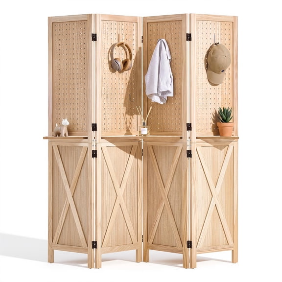 VEVOR Wood Room Divider Pegboard Wood Folding Privacy Screen with Shelves, For Room Separation & Home Decor, 4 Panels, Solid Frame with X Pattern, 360 Two-Way Hinges, Wooden Partition with Hardware