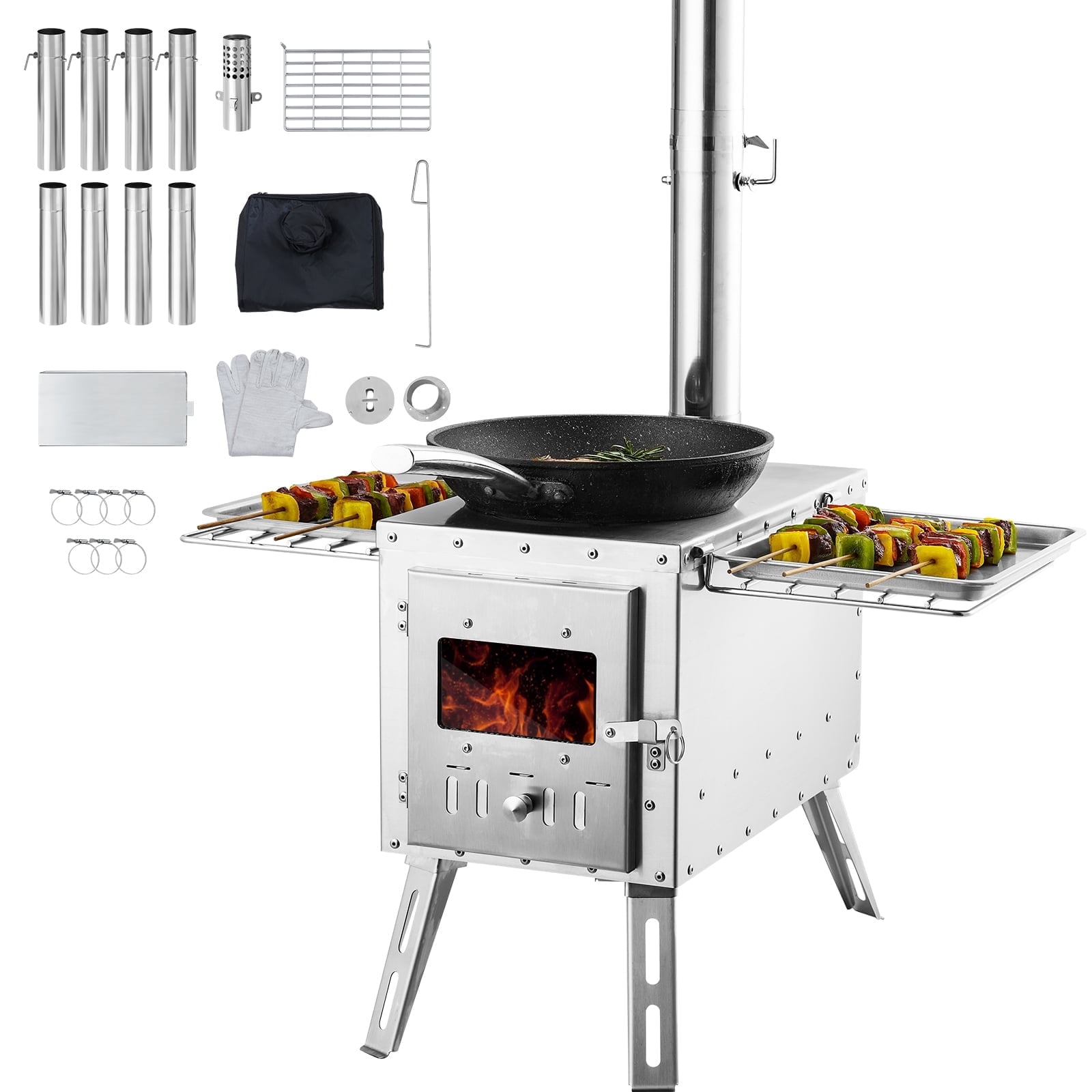 VEVOR Wood Stove, 86 inch, Stainless Steel Camping Tent Stove, Portable Wood Burning Stove with Chimney Pipes & Gloves, 1646in³Firebox Hot Tent Stove for Outdoor Cooking and Heating with 8 Pipes