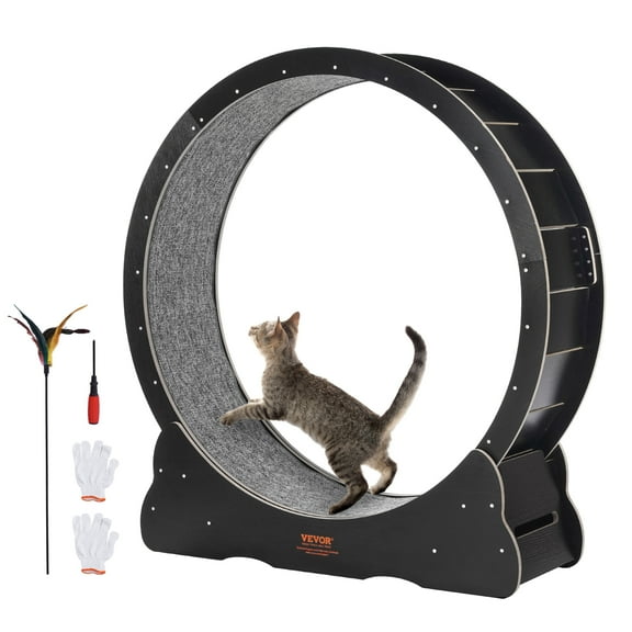VEVOR Wooden Cat Exercise Wheel, 43.3" Large Cat Treadmill Wheel for Indoor Cats, Cat Running Wheel with Detachable Carpet & Cat Teaser for Running/Walking/Training, Suitable for Most Cats Black