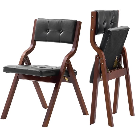 VEVOR Wooden Folding Chairs with Leather Cushion,Set of 2, Portable Foldable Cushion Chair with Wooden Frame,Easy Assembly, Modern Leather Padded Dining Chair for Office, Wedding, Party, Home, Black