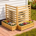 thumbnail image 1 of VEVOR Wood Privacy Fence, 36 x 45 inch Air Conditioner Fence, 2 Slatted Panel Solid Outdoor Wood Privacy Screen with 2 Planters, Metal Stakes, Trash Can Hider Fences Suitable for Garden, Pool,Brown, 1 of 9