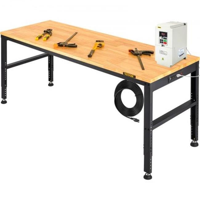 Adjustable Height Black Metal and Oak Workbench with Power Outlets